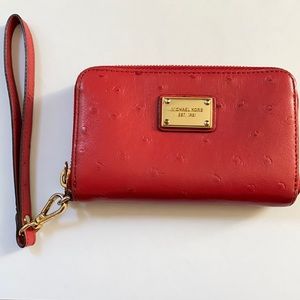 Michael Kors Red Ostrich Print Leather Wristlet Wallet